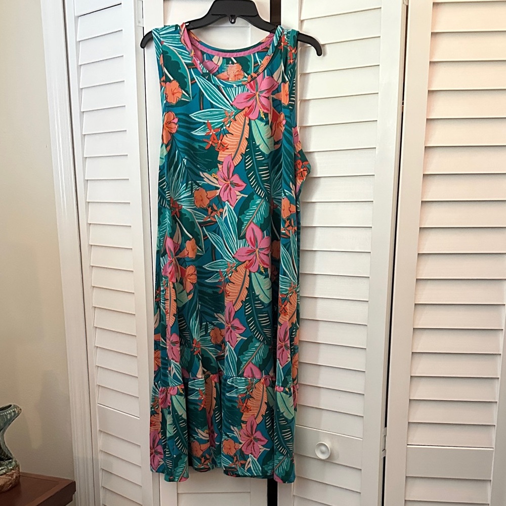 Cuddl Duds Tropical Floral Midi Dress - Teal and Pink